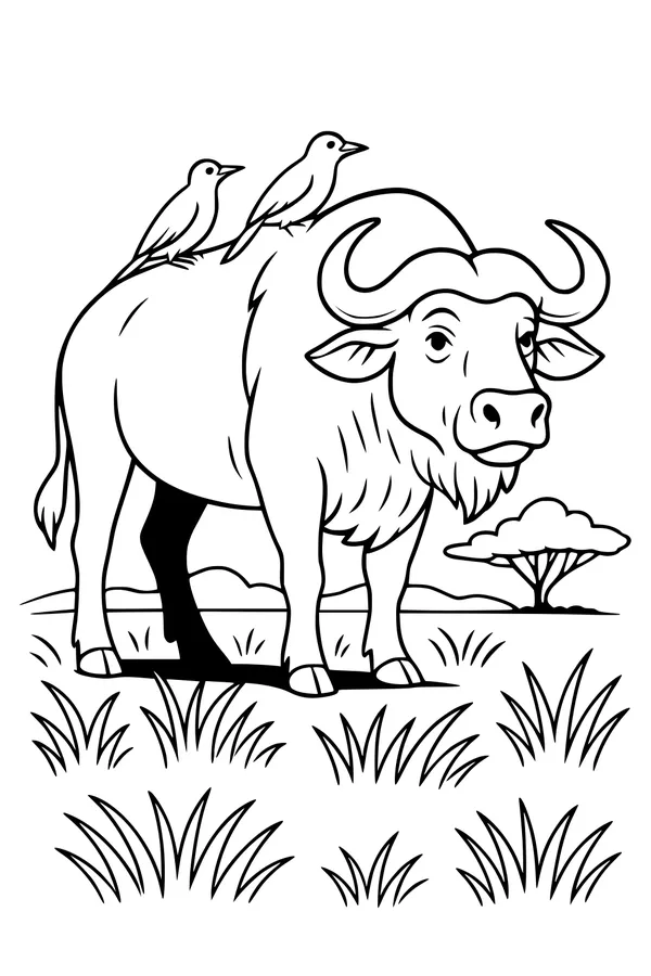 Free Buffalo Coloring Page - Buffalo With Birds In Grassy Field (Printable PDF)