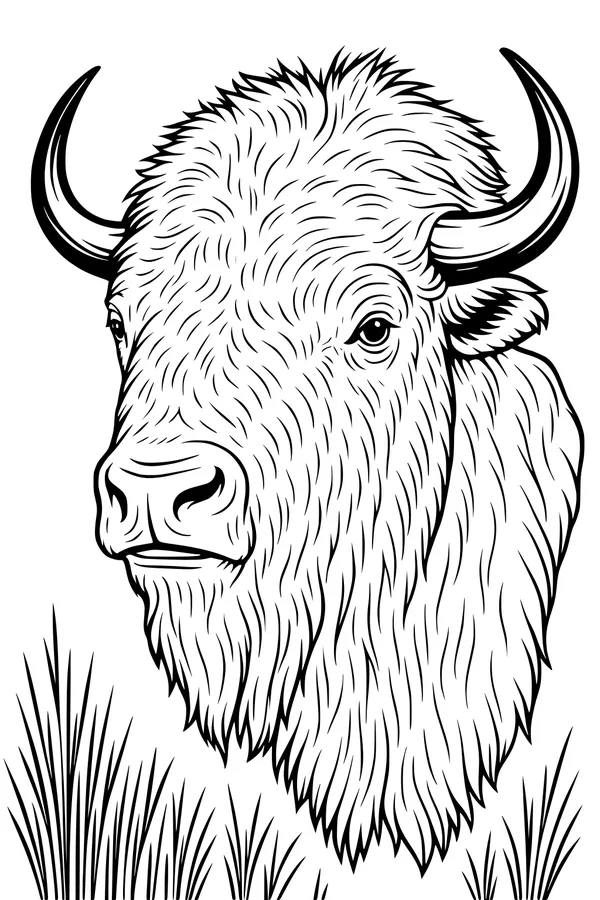 Free Buffalo Coloring Page - Shaggy Bison in Tall Prairie Grass (Printable PDF)