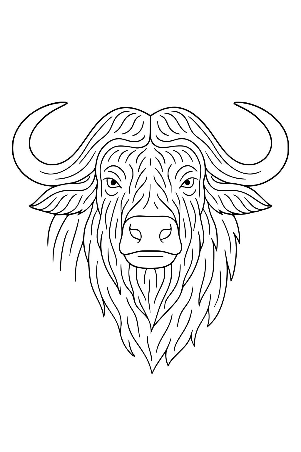 Detailed buffalo head with large curling horns, bushy beard, textured fur, and alert eyes seen from the front.
