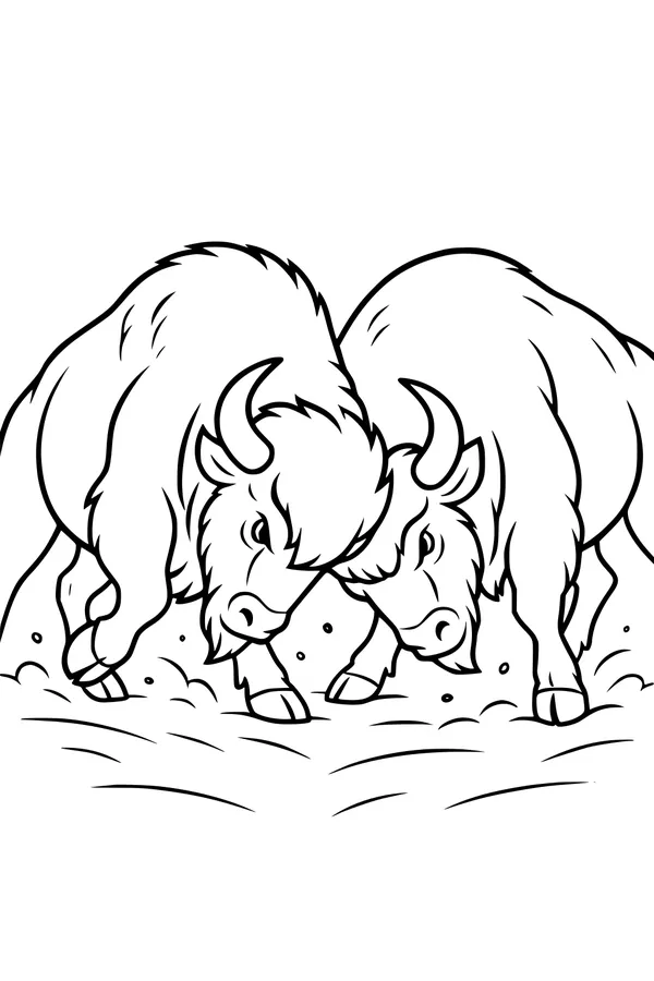Free Buffalo Coloring Page - Shaggy Brothers Butting Heads on the Prairie (Printable PDF)