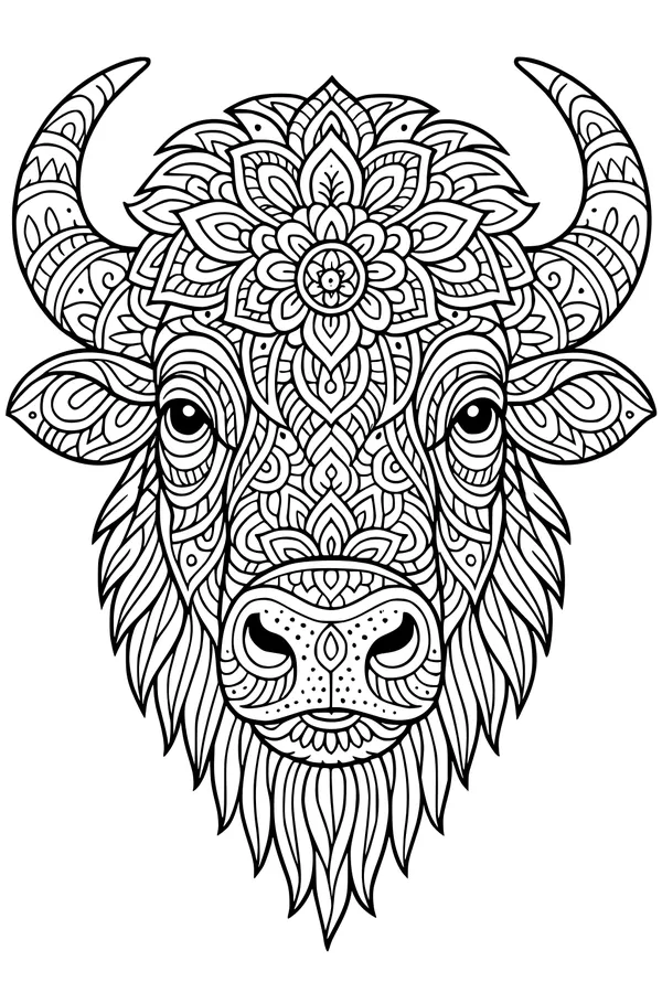 Free Buffalo Coloring Page - Mandala Buffalo Head with Floral Patterns (Printable PDF)