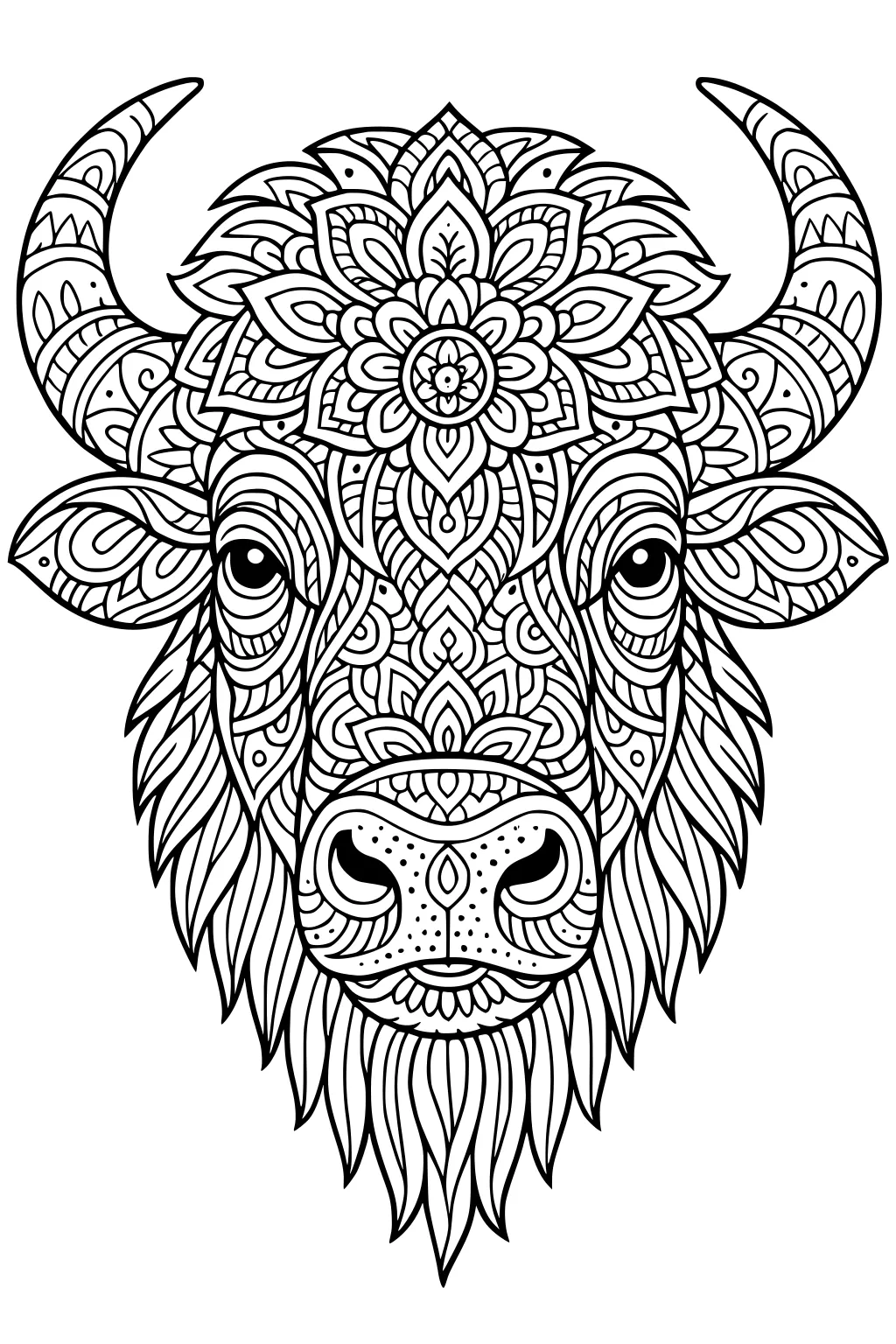 Buffalo head with swirling mandala patterns, large curved horns, fluffy beard, and lots of tiny decorated lines.