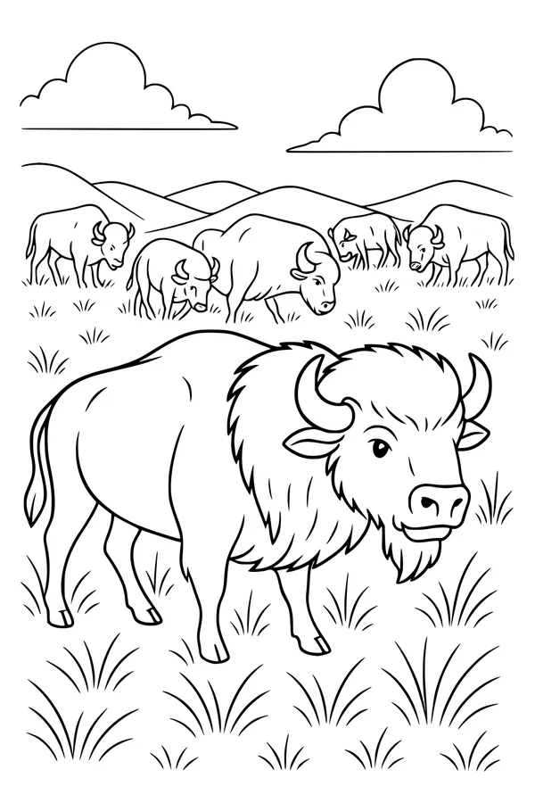 Free Buffalo Coloring Page - Herd in Sunny Prairie Grassland (Printable PDF)