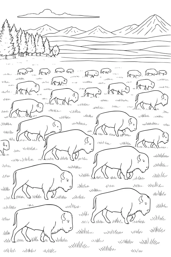 Free Buffalo Coloring Page - Herd Grazing on Mountain Prairie (Printable PDF)