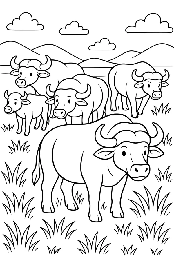 Free Buffalo Coloring Page - Family Herd in Mountain Meadow (Printable PDF)