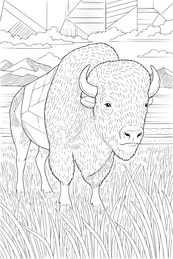 Free Buffalo Coloring Page - Mighty Bison in Tall Prairie Grass (Printable PDF)