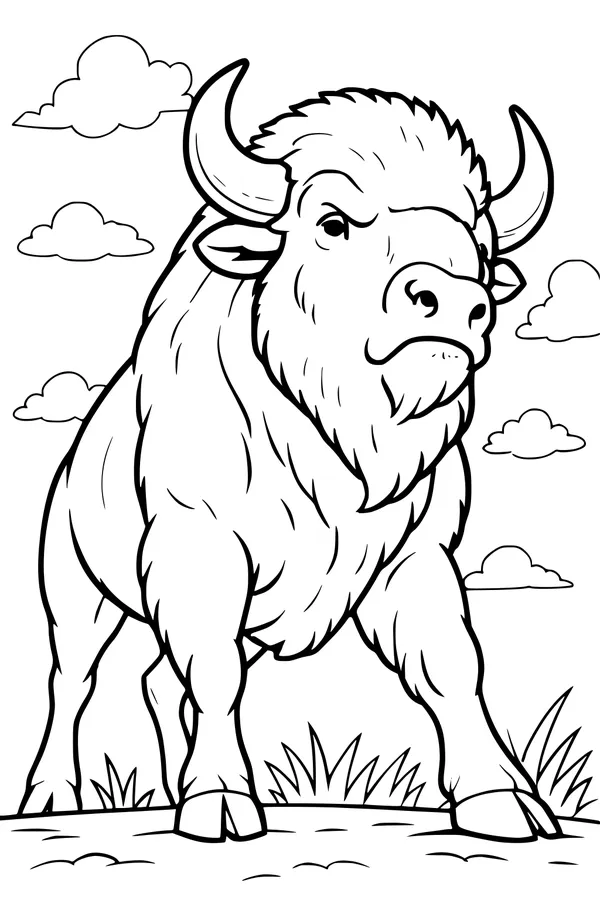 Free Bison Buffalo Coloring Page - Big Horned Buffalo on Breezy Prairie (Printable PDF)