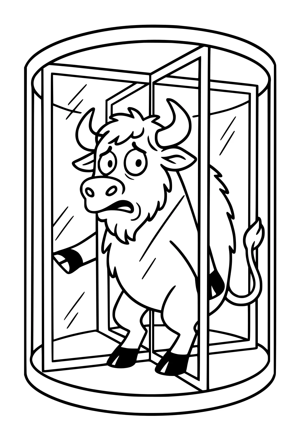 Cartoon buffalo with raised hoof inside a revolving glass door, looking surprised and unsure how to get out.
