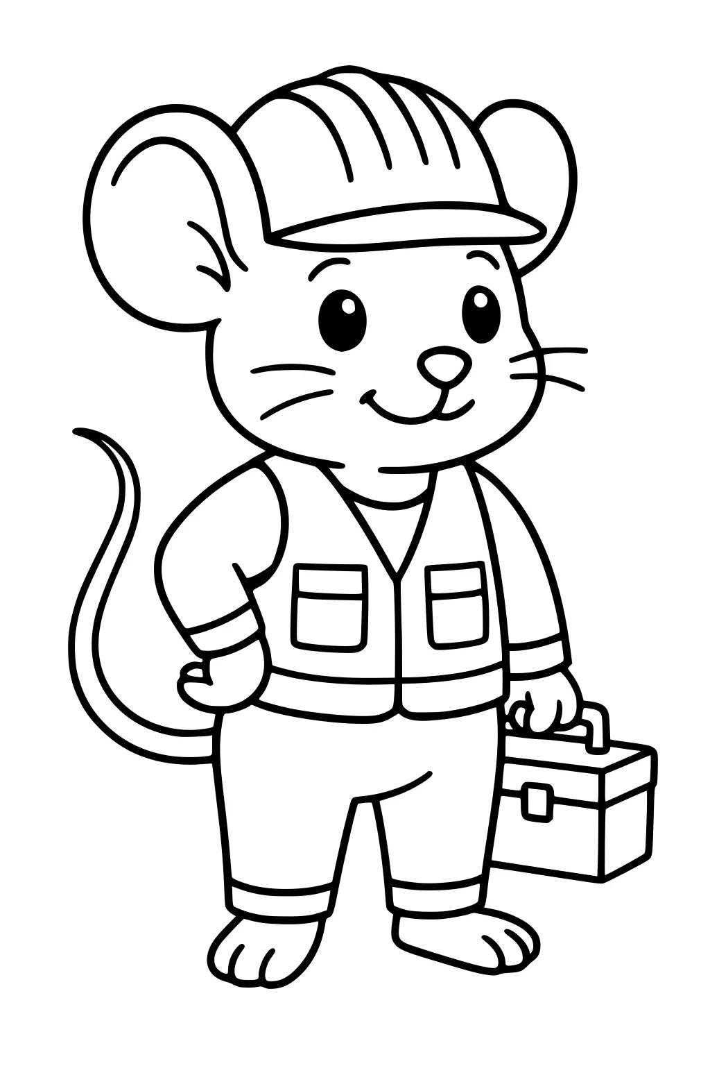 Cartoon mouse wearing a hard hat and vest, holding a toolbox and smiling with one hand on its hip.