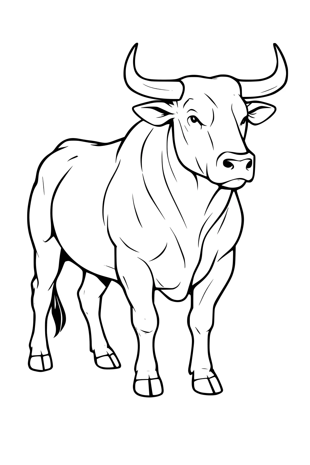 Outline drawing of a standing bull with large curved horns and a thick neck, viewed from the front.