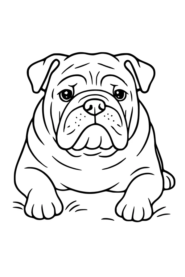 Free Bulldog Coloring Page - Cute Wrinkly Pup Lying Down (Printable PDF)