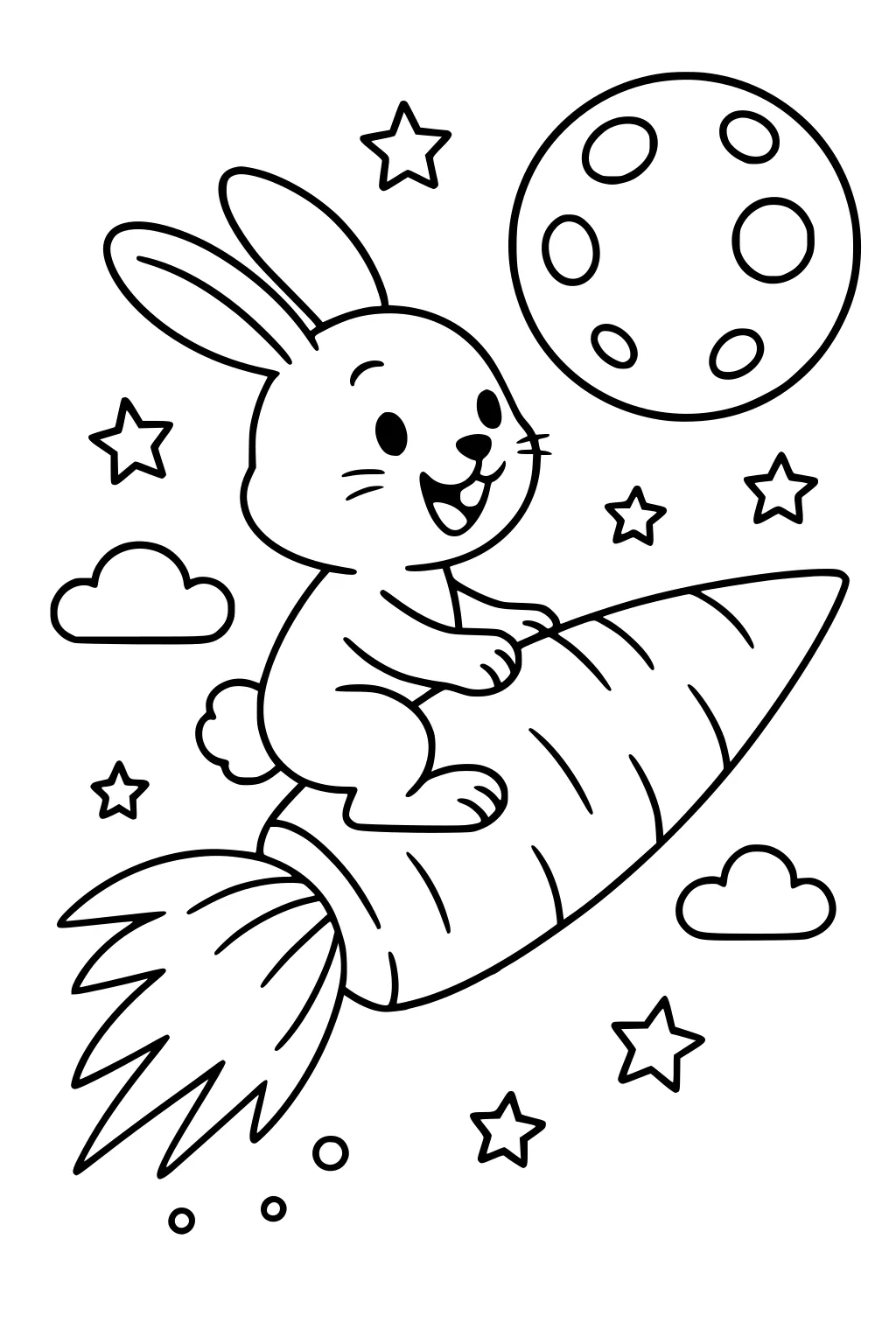 A bunny rides a carrot rocket in space, surrounded by stars, clouds, and the moon with craters.