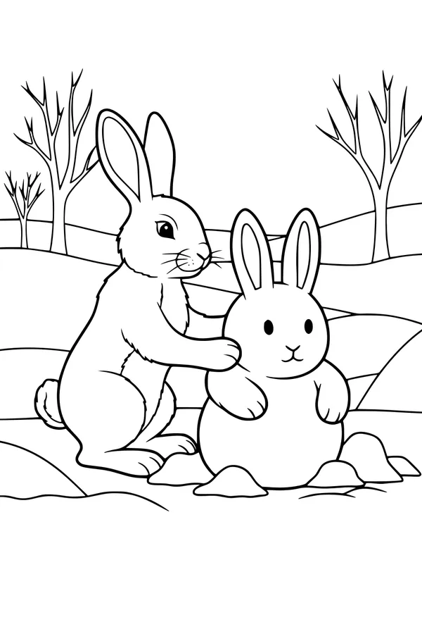 Free Rabbit Coloring Page - Bunny Builds a Snowy Friend (Printable PDF)