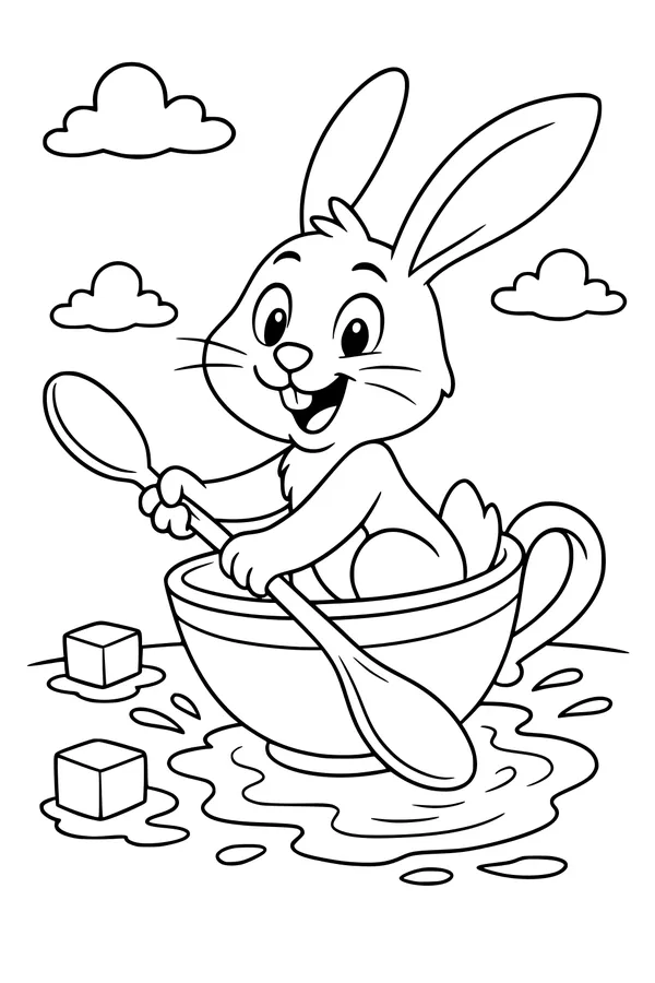 Free Rabbit Coloring Page - Bunny in Splashy Teacup Ride (Printable PDF)