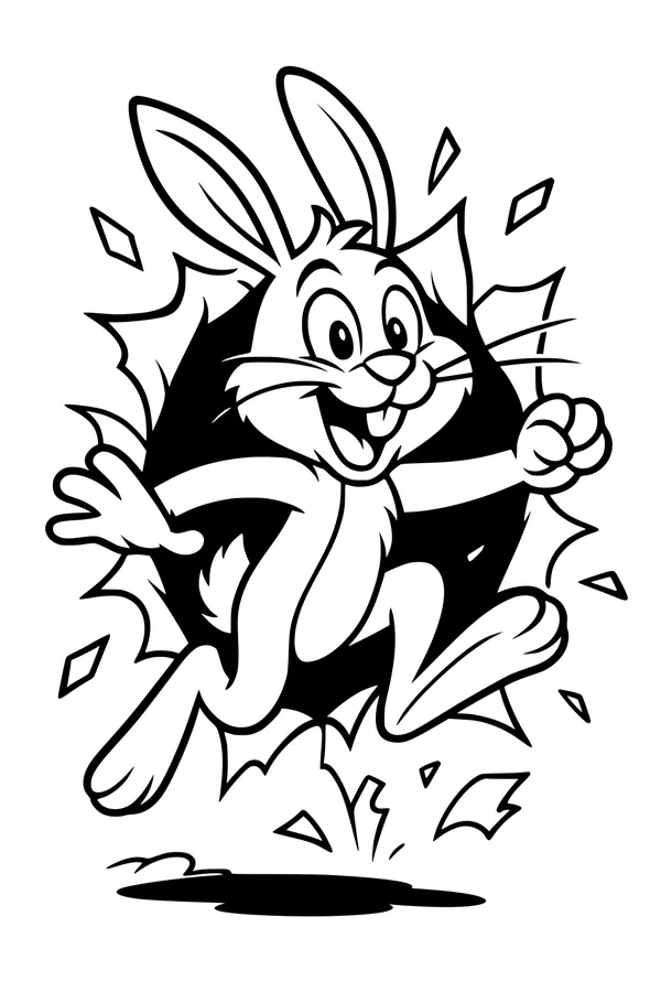Free Rabbit Coloring Page - Cartoon Bunny Jumping Through Paper (Printable PDF)