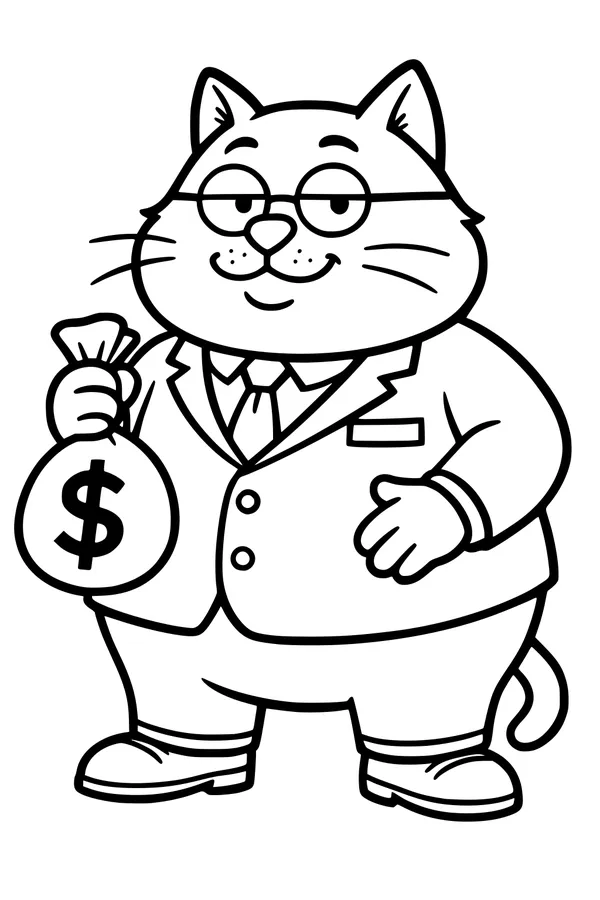 Free Business Cat Coloring Page - Funny Suit And Money Bag (Printable PDF)