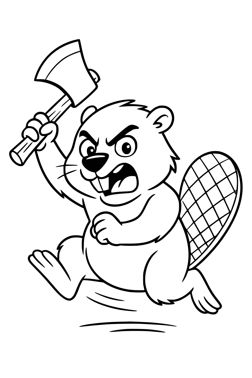 Angry cartoon beaver running, holding an axe in one paw, big flat tail visible, wide eyes and sharp teeth showing.
