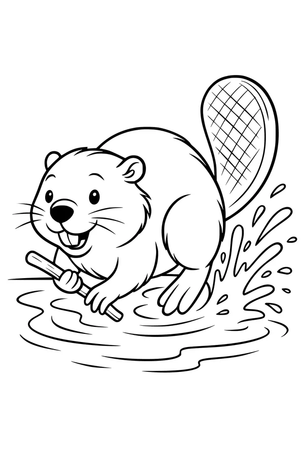 Free Beaver Coloring Page - Cute Cartoon Beaver Splashing in Pond (Printable PDF)