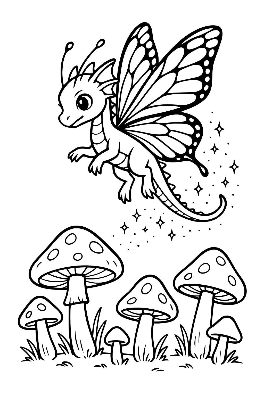 Small butterfly-winged dragon flying above spotted mushrooms and grass, with sparkles and stars around her tail.