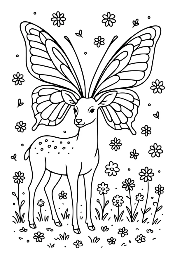 Free Deer Coloring Page - Butterfly-Winged Deer in Flower Meadow (Printable PDF)