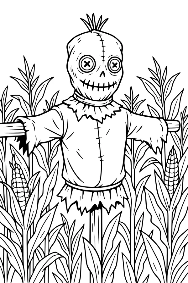 Free Scarecrow Coloring Page - Button-Eyed Halloween Cornfield (Printable PDF)