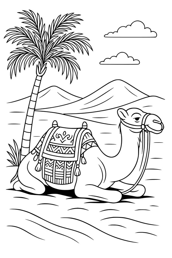 Free Camel Coloring Page - Resting Under a Palm Tree in the Desert (Printable PDF)