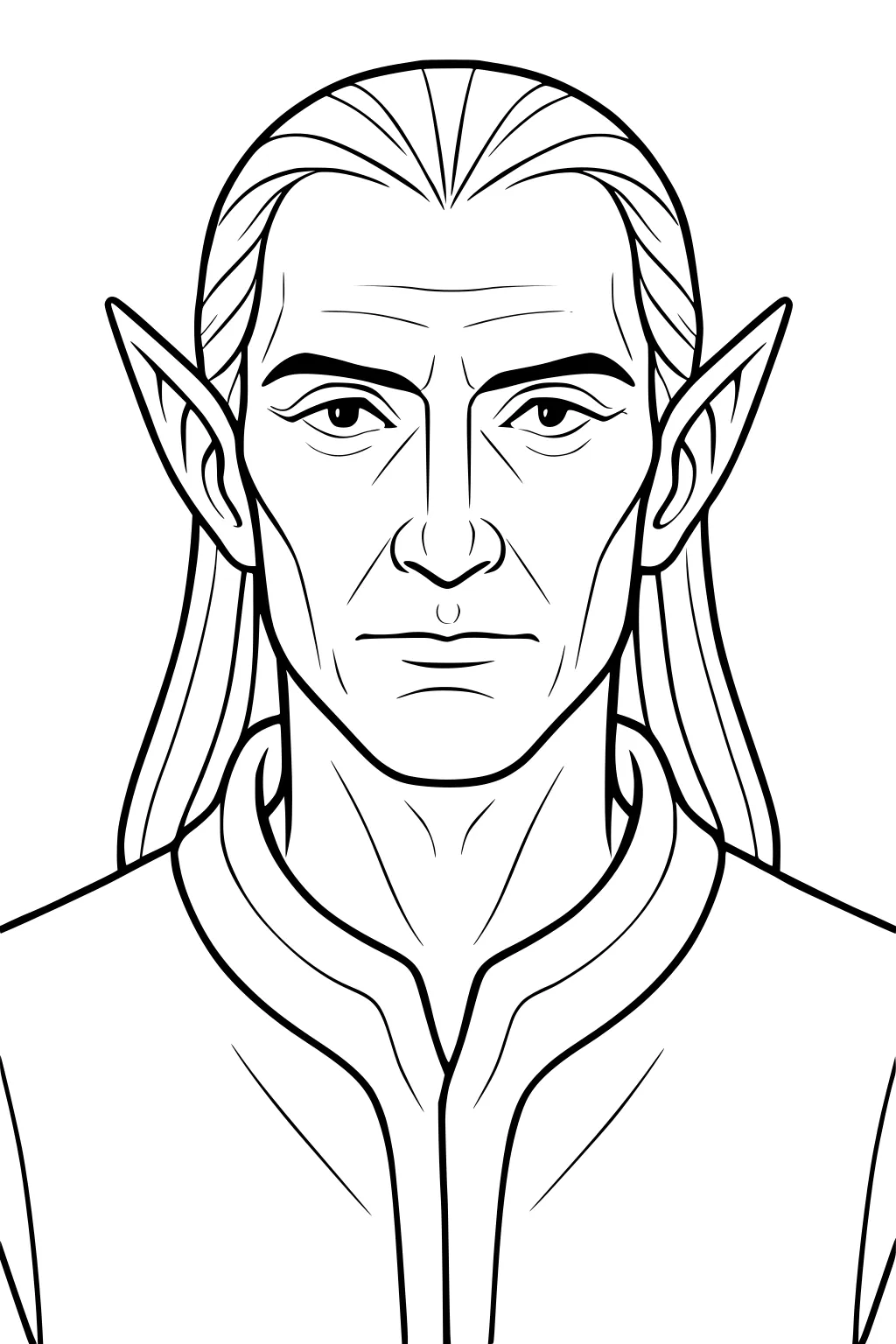 Line art portrait of a male elf with long hair, pointed ears, and a high-collared robe, facing forward with calm eyes.