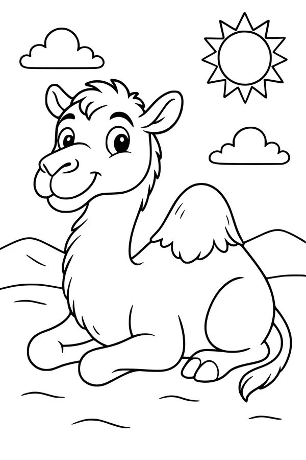 Free Camel Coloring Page - Smiling One-Hump Camel in Sunny Desert (Printable PDF)