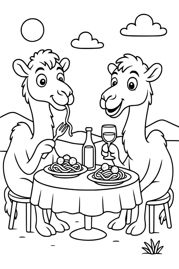 Free Camel Coloring Page - Two Camels Eating Spaghetti in the Desert (Printable PDF)