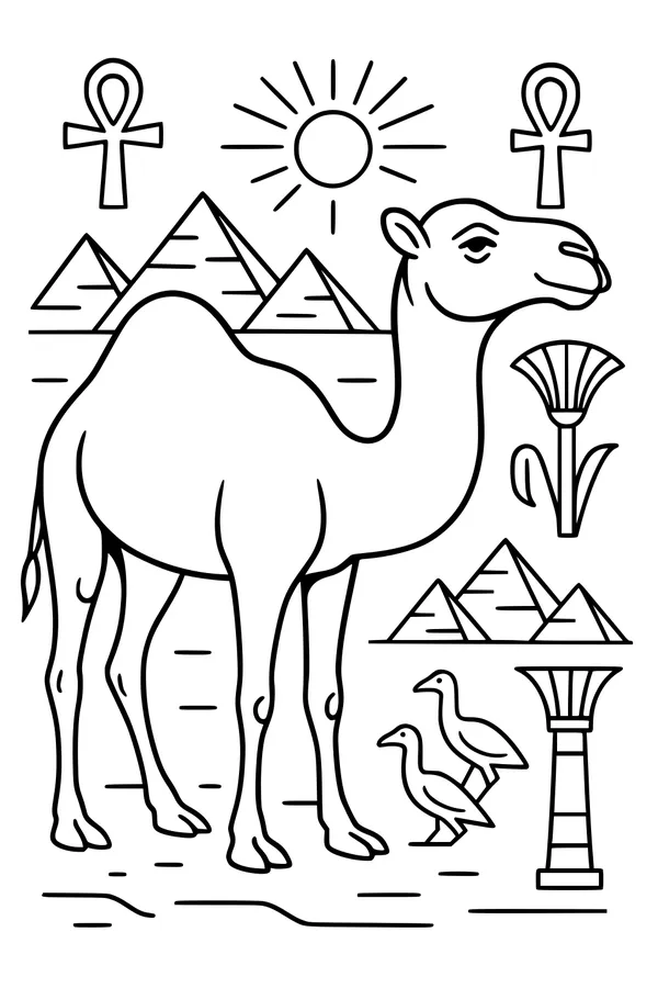 Free Camel Coloring Page - Sunny Pyramids in Egypt Scene (Printable PDF)