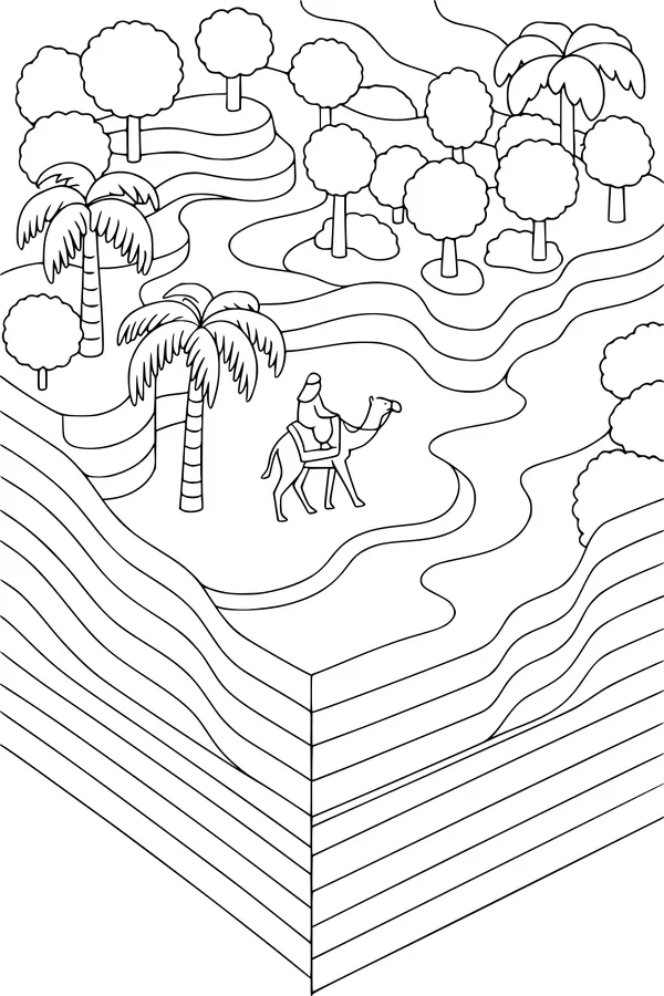 Free Camel Coloring Page - Man Riding Through Oasis Landscape (Printable PDF)