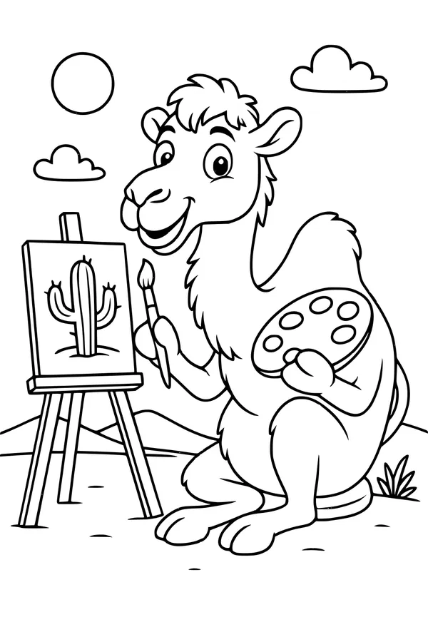 Free Camel Coloring Page - Cute Desert Artist Painting a Cactus (Printable PDF)