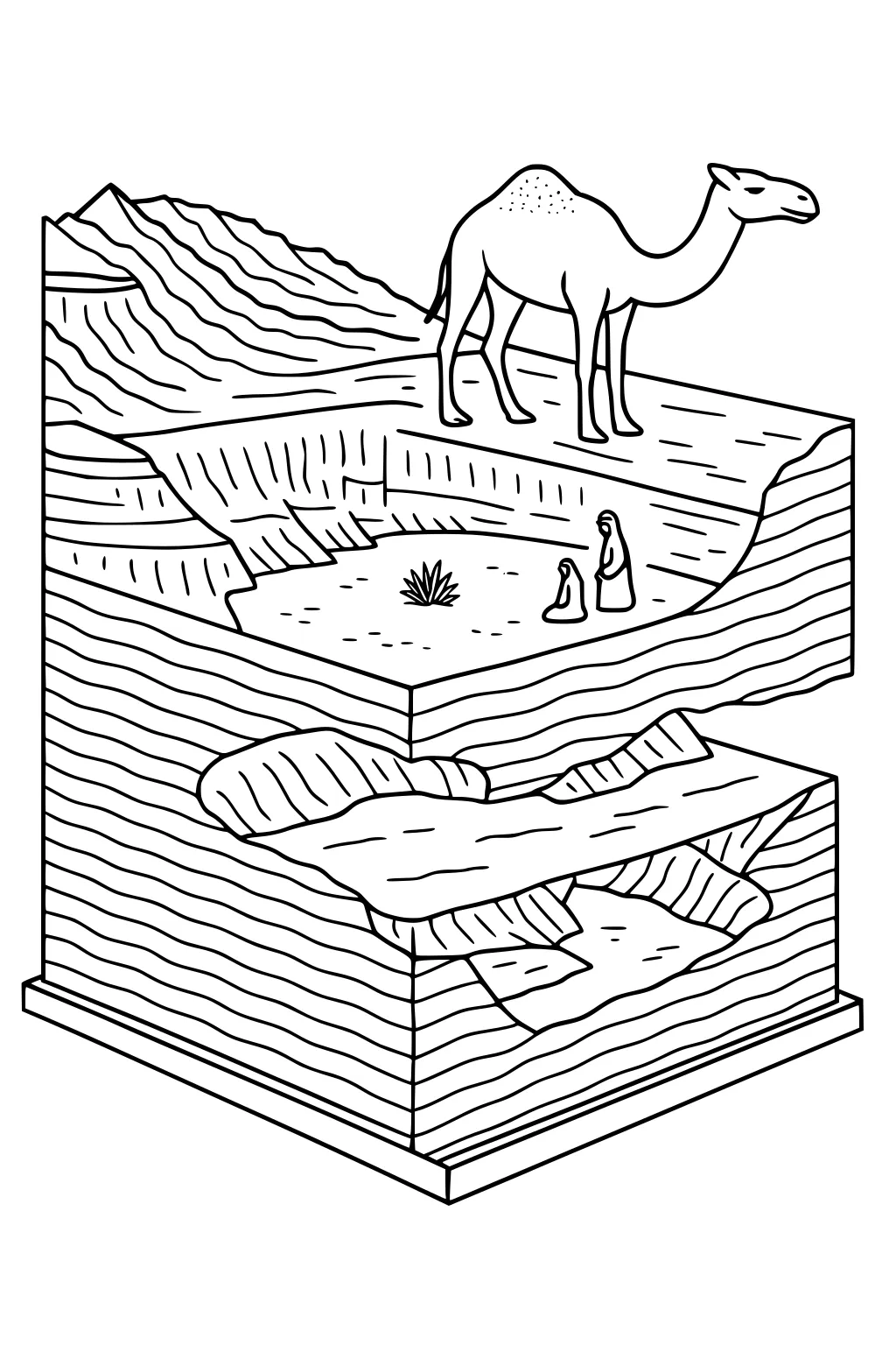 Camel on a desert plateau above two figures and a plant, with wavy cross-section layers shown below.