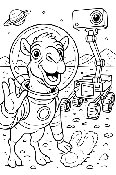 Free Camel Coloring Page - Astronaut Camel Waving on Alien Planet (Printable PDF)