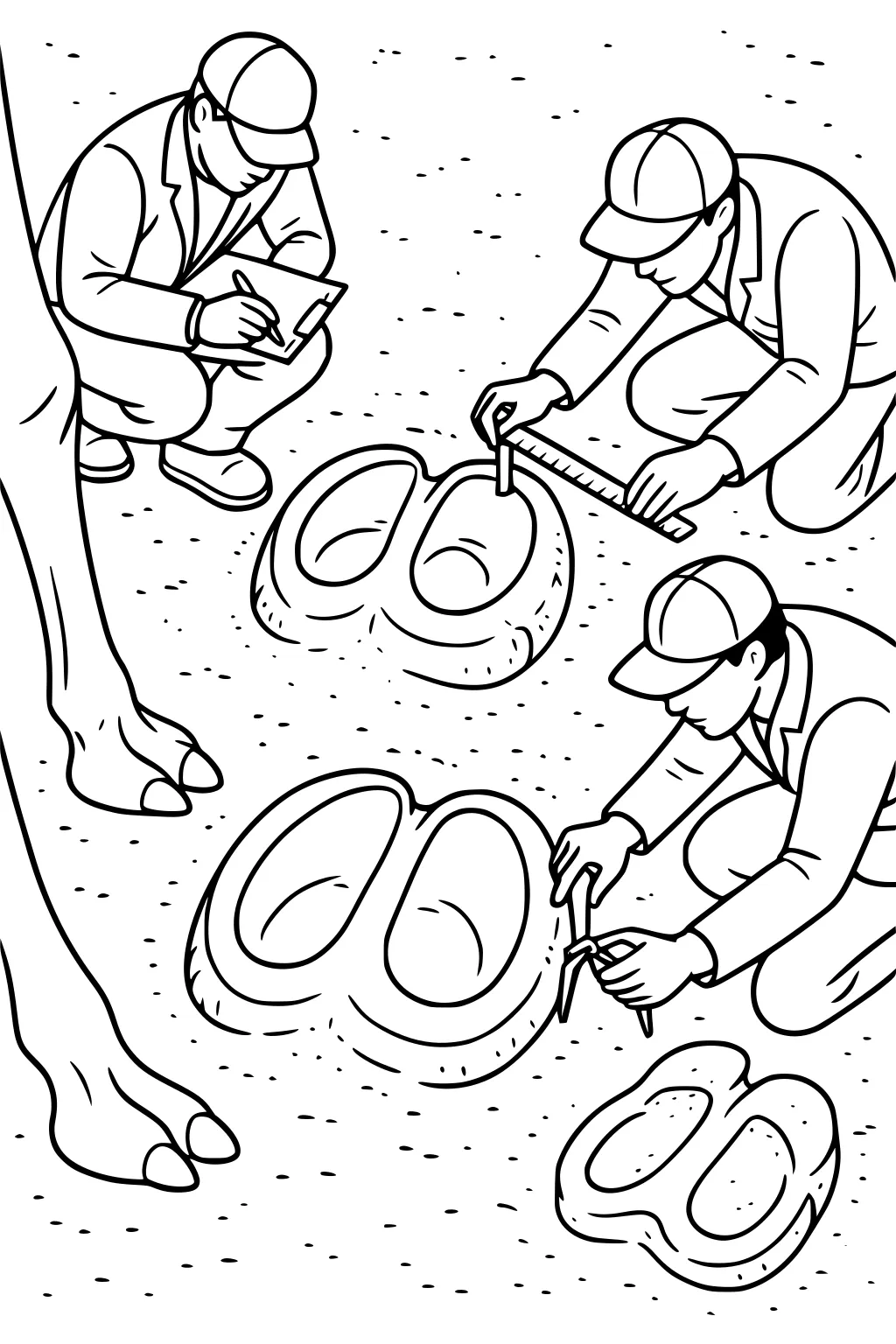 Three scientists measuring giant camel footprints in sand with clipboards and tools. Camel's leg is also visible.