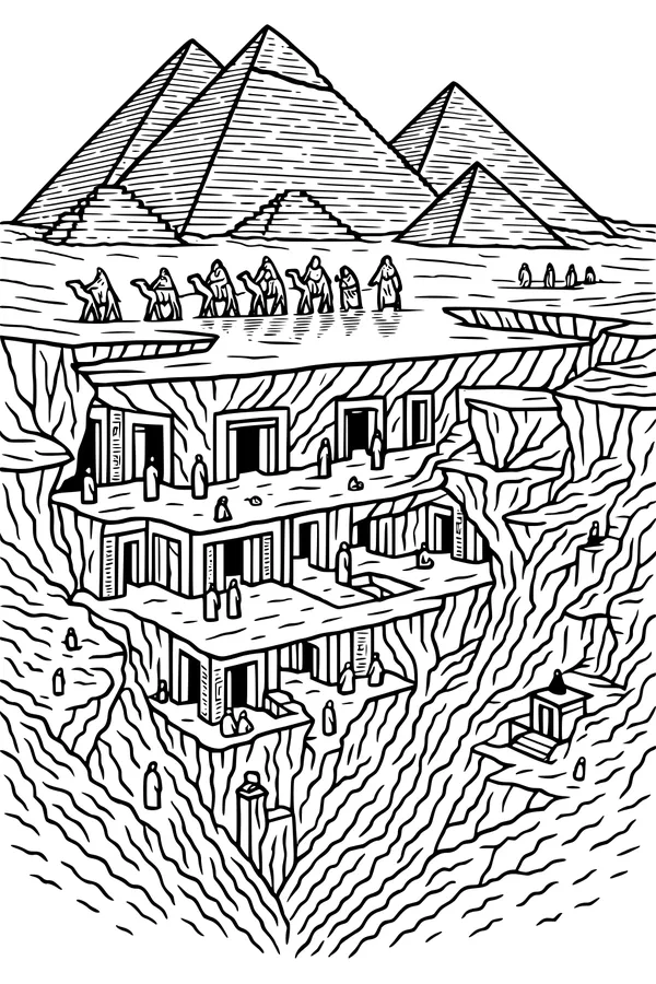 Free Camel Caravan Coloring Page - Pyramids and Secret Desert Tunnels (Printable PDF)