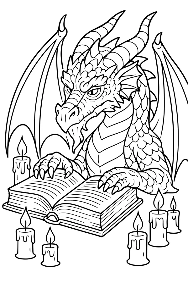 Free Dragon Coloring Page - Candlelit Librarian Reading a Book (Printable PDF)