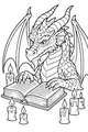 Free Dragon Coloring Page - Candlelit Librarian Reading a Book (Printable PDF)
