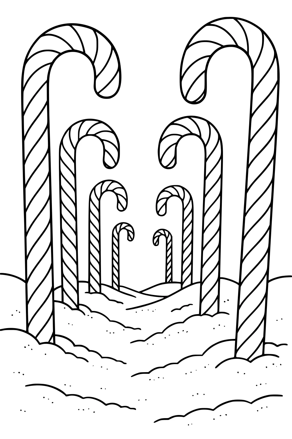 Snowy hills filled with tall and small striped candy canes forming a winding path, outlined in bold black lines.