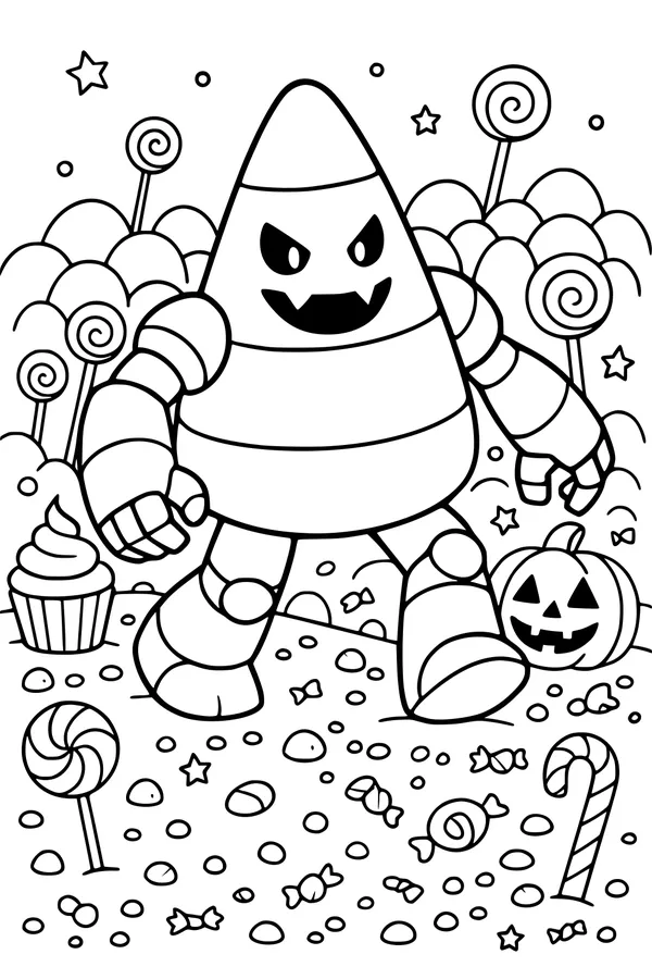 Free Candy Corn Robot Coloring Page - Halloween Candy Land Adventure (Printable PDF)