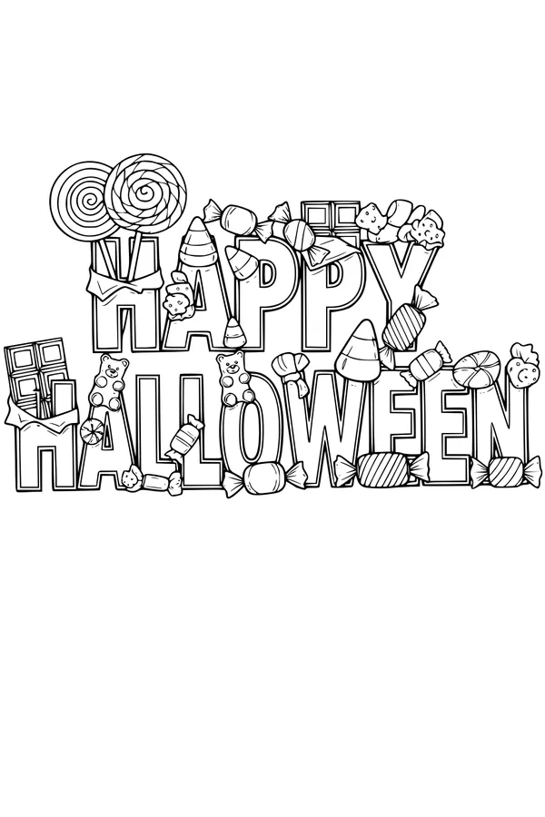 Free Happy Halloween Coloring Page - Candy Lettering Design (Printable PDF)