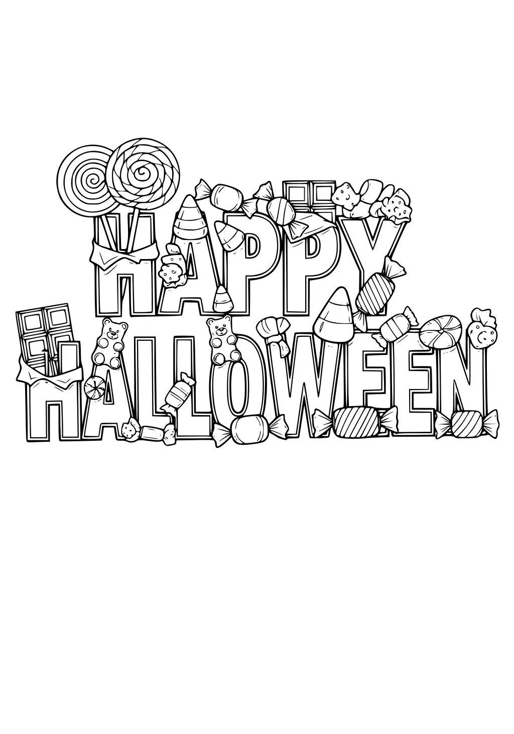 Happy Halloween in big block letters with lollipops, candy corn, chocolate bars, gummy bears, and wrapped candies around the words.