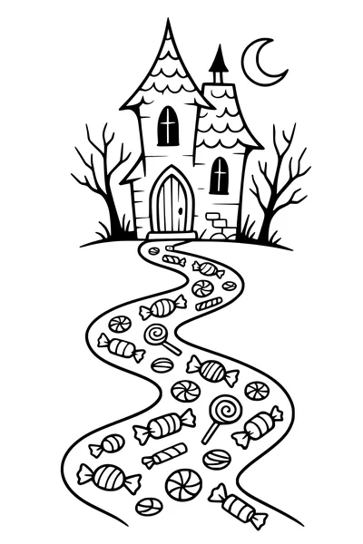 Free Haunted House Coloring Page - Candy Trail Under Crescent Moon (Printable PDF)