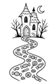 Free Haunted House Coloring Page - Candy Trail Under Crescent Moon (Printable PDF)