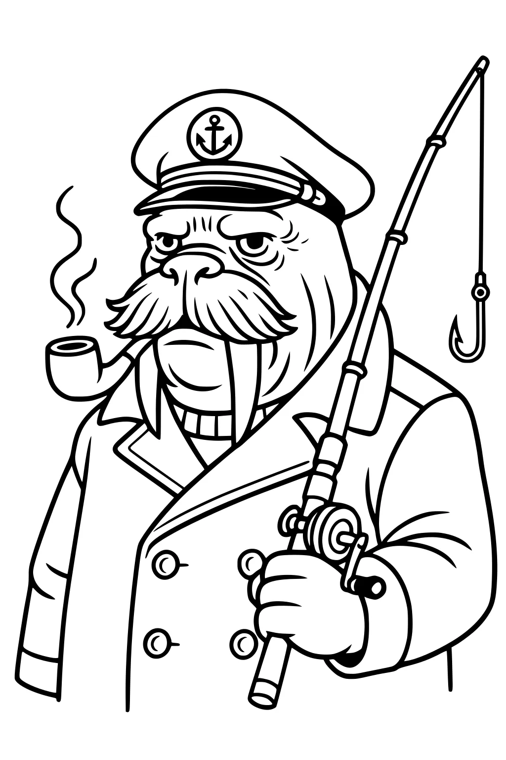 Walrus in captain’s hat and coat holding fishing rod with pipe in mouth.