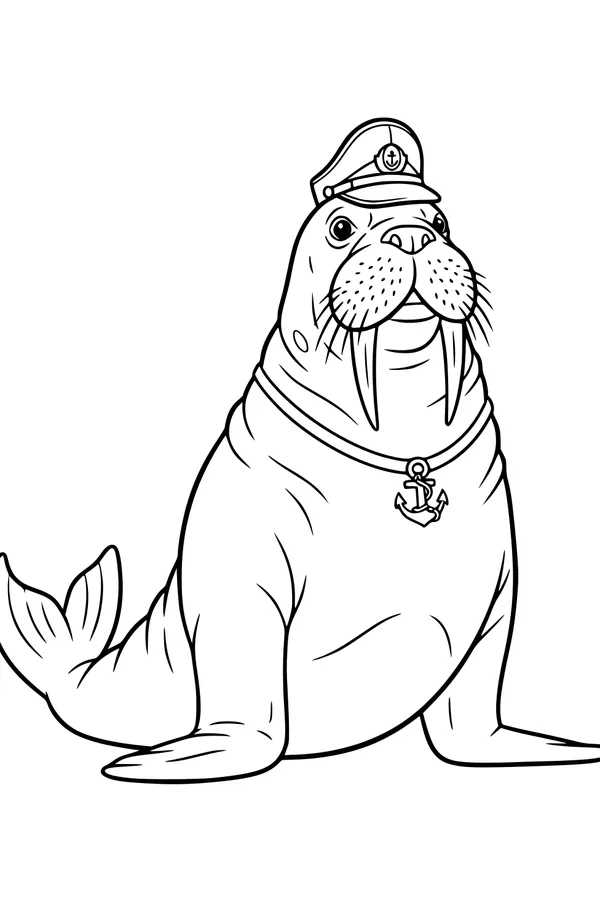 Free Walrus Coloring Page - Cartoon Sea Captain With Hat and Anchor (Printable PDF)