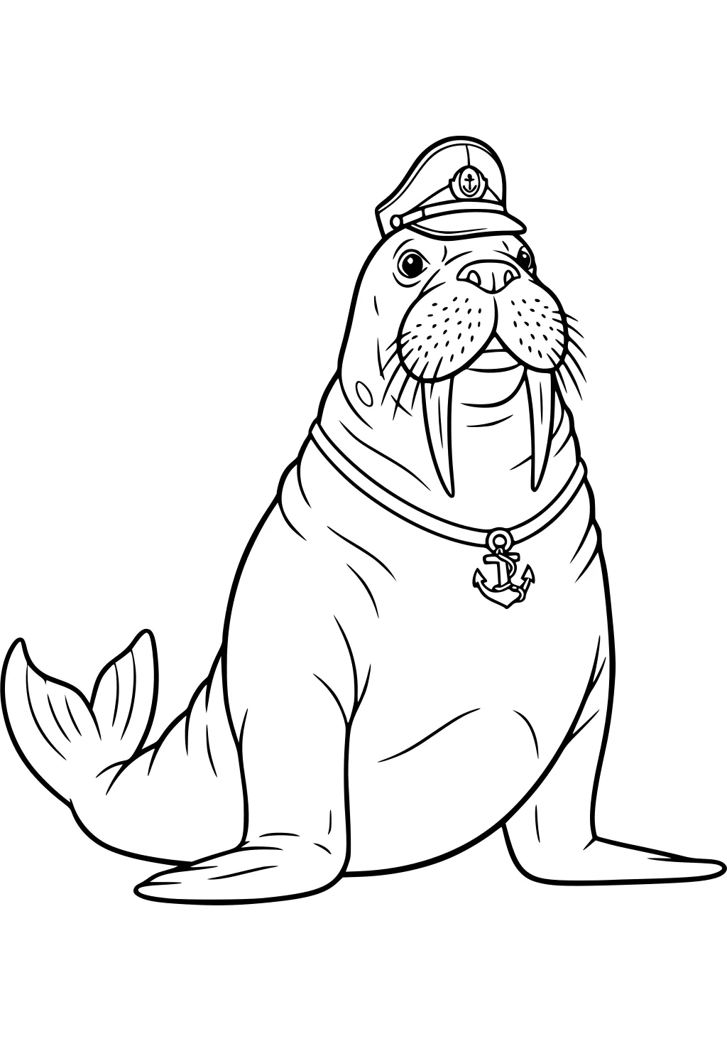Cartoon walrus with a captain hat and anchor necklace, sitting with big whiskers and long tusks.