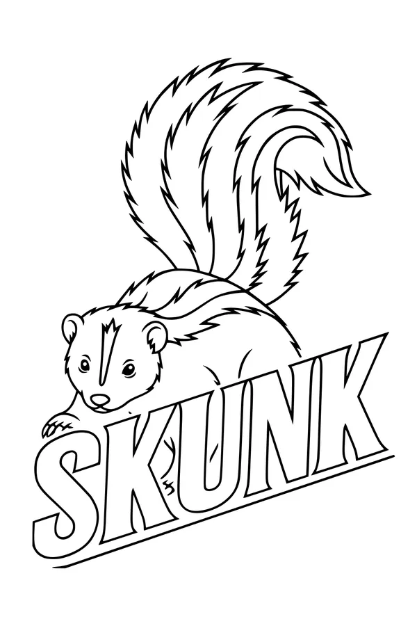 Free Skunk Coloring Page - Cute Stripey Tail Above SKUNK Letters (Printable PDF)