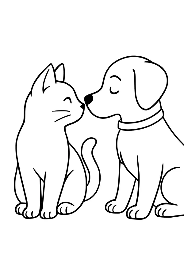 Free Cat and Dog Coloring Page - Friendly Pet Pals Meeting (Printable PDF)