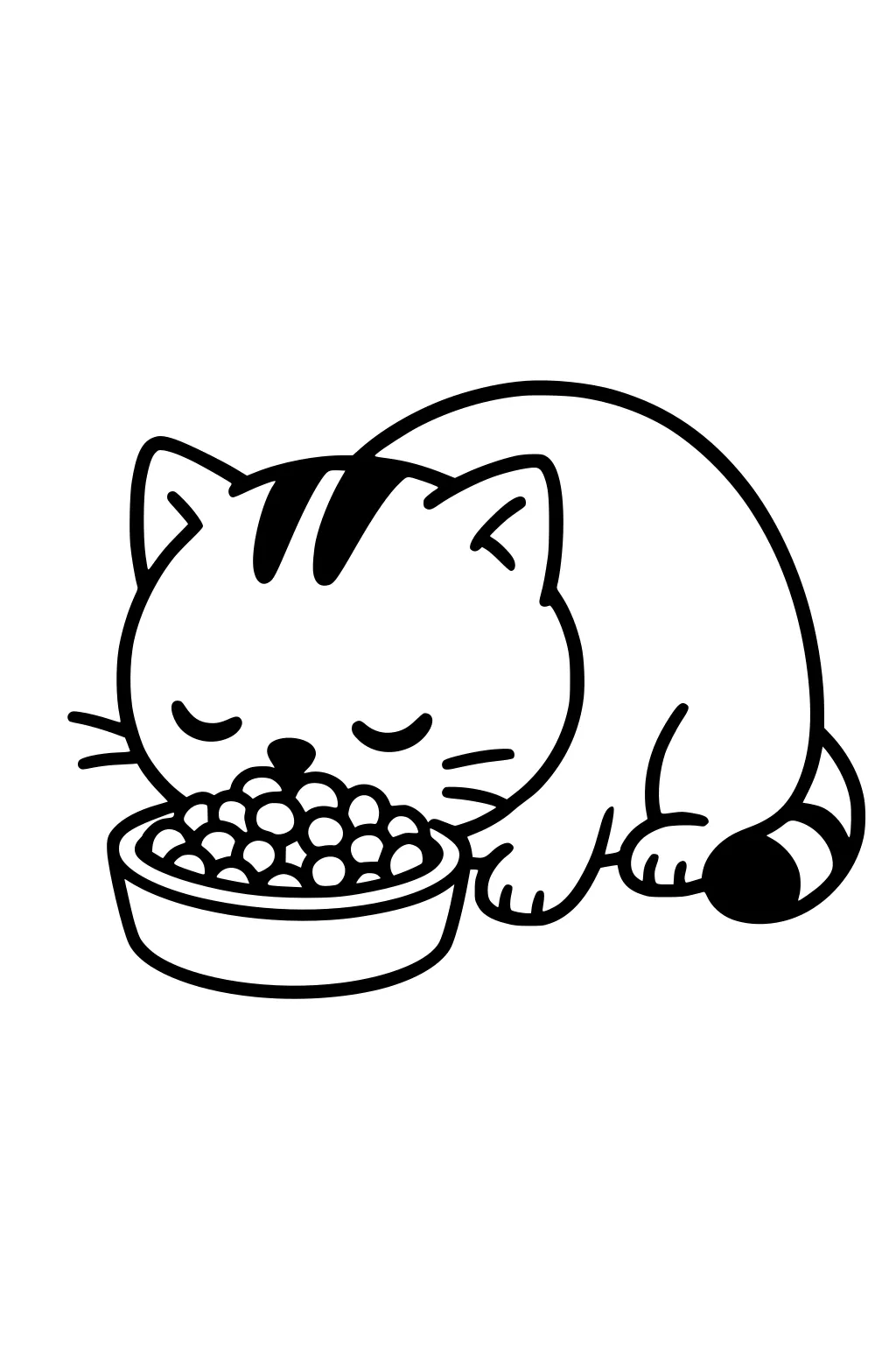Cartoon cat with stripes eating from a bowl filled with food, crouched with eyes closed and tail curled.